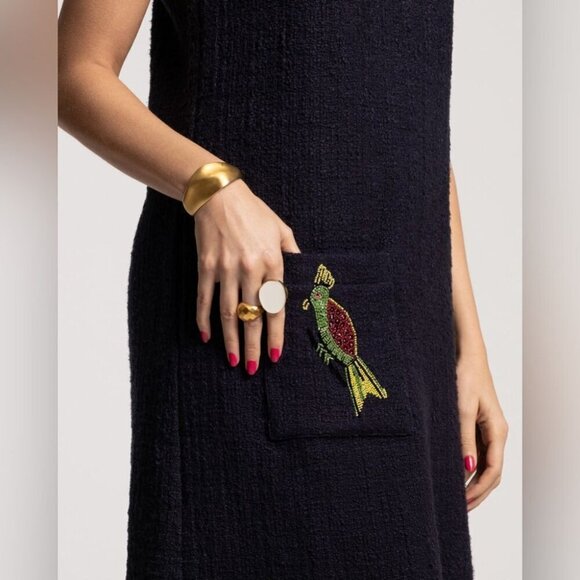 FRANCES VALENTINE Twiggy Fringe Dress Cotton Boucle Navy size 1 X - Picture 4 of 16